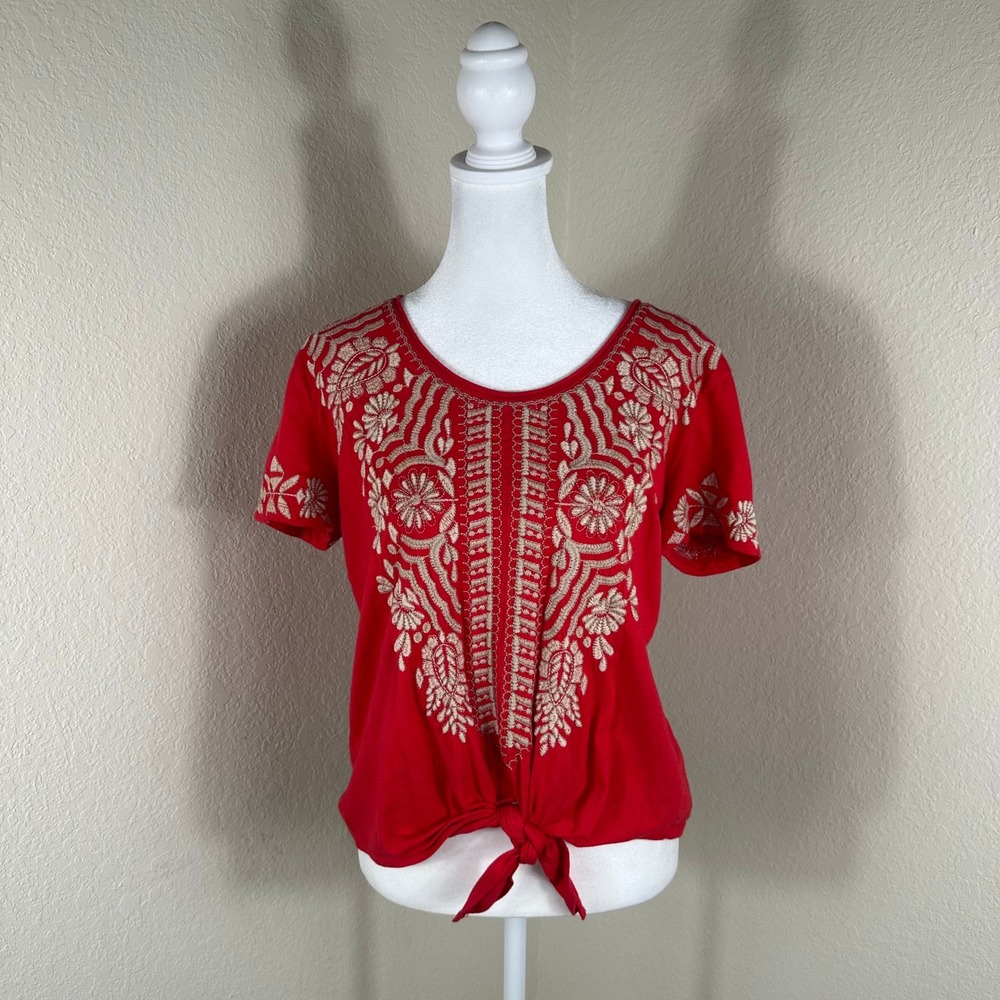 Johnny Was Top Womens XS Red Embroidered Tie Front Cotton Boho J10419-3
